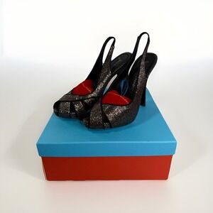 Jean-Michel Cazabat JM-Oriana Heels Black Bronze Glitter Slingback Peep Toe Sz 7